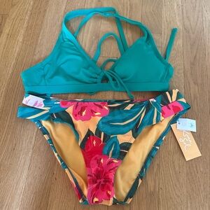 Kona Sol Teal and Floral Bikini Set